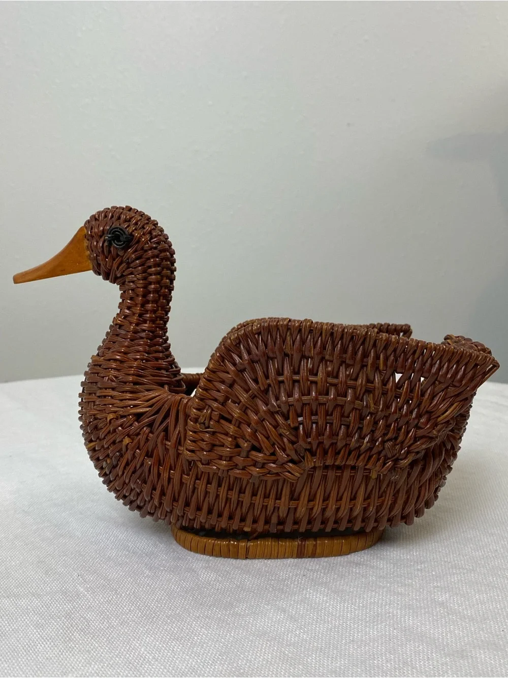 Vintage Wicker/Woven Duck with Wood Bill Basket